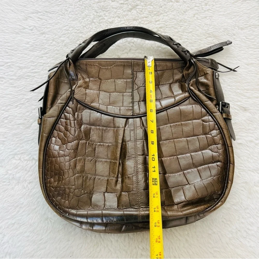 Francesco Biasia Italy Olive Crocodile Print Embossed Leather Large Bag